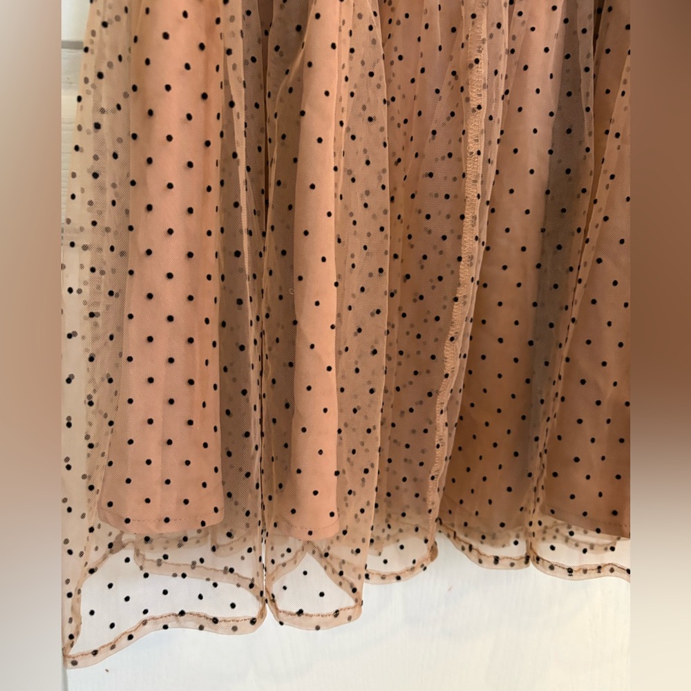 Entro Camel Polka Dotted Mesh Overlay Shoulder Tie Maxi Dress Medium Fairycore - Picture 16 of 16